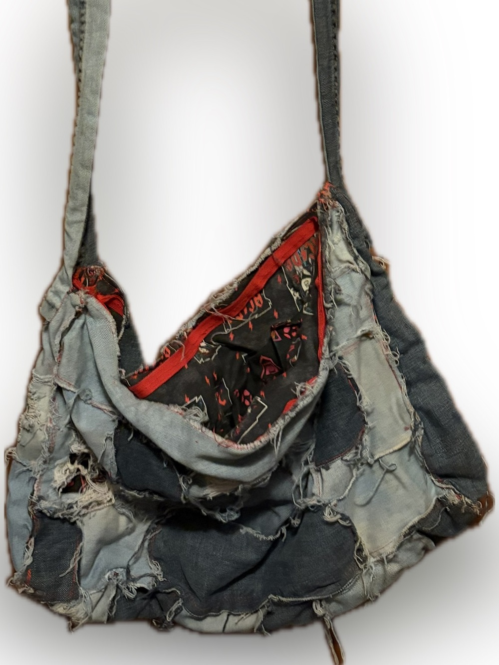 80s Rock Band Grunge Distressed Denim Crossbody Bag handmade AC/DC & Def Leopard